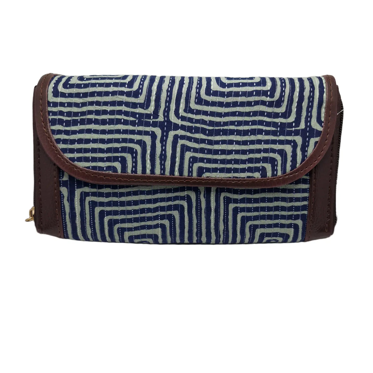 Indigo and white maze block print clutch - front view with flap closed