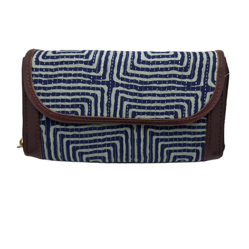 Indigo and white maze block print clutch - front view with flap closed