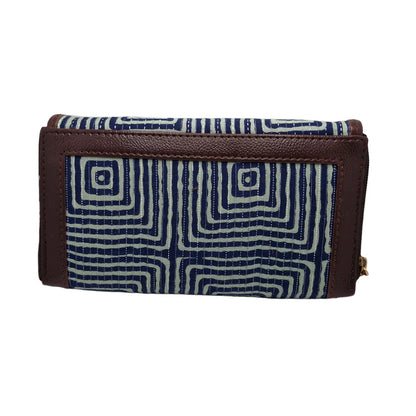Indigo and white maze block print clutch - side profile showing flap and zip gusset
