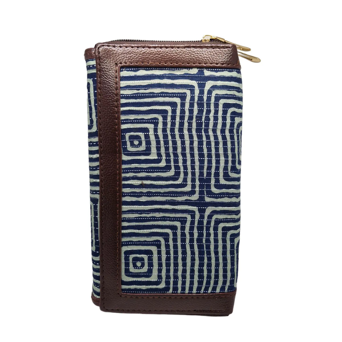Indigo and white maze block print clutch - opposite side view