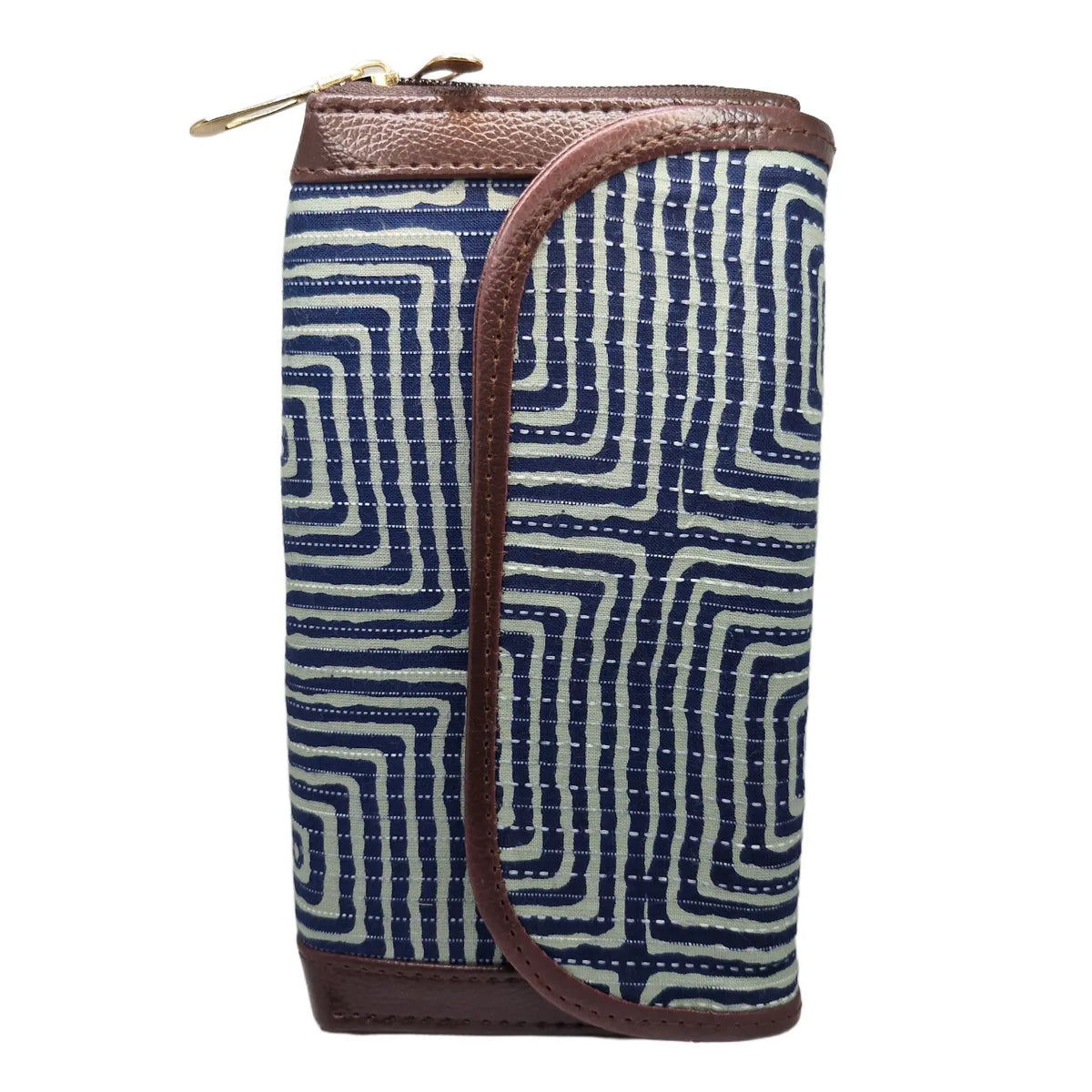 Indigo and white maze block print clutch - double zip detail