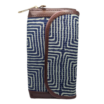 Indigo and white maze block print clutch - double zip detail