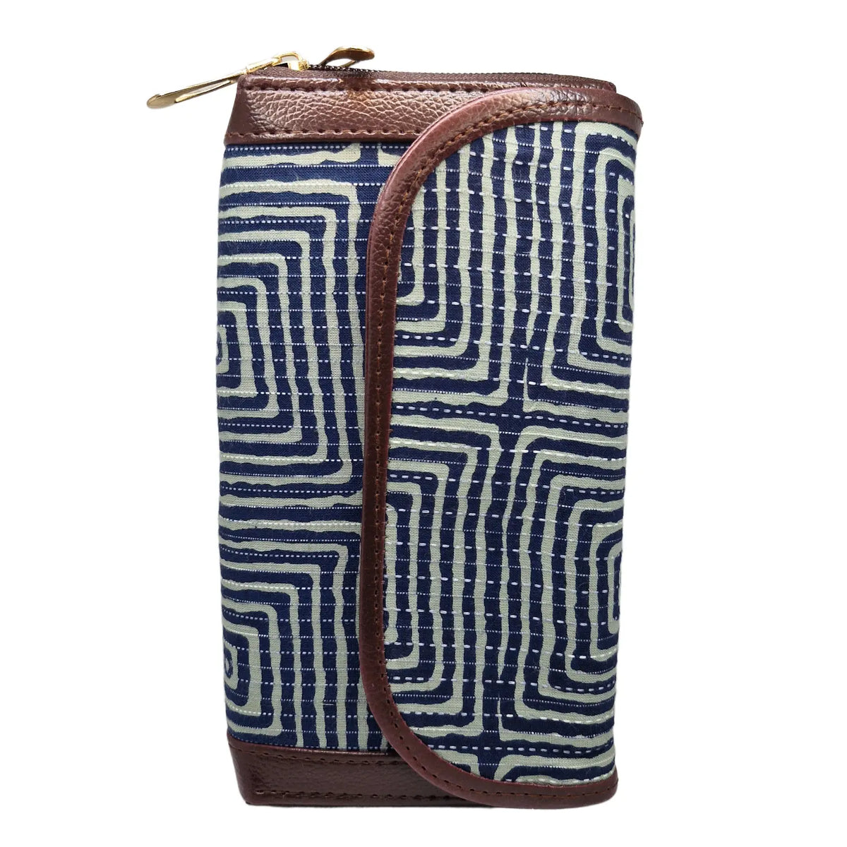 Indigo and white maze block print clutch - additional angle
