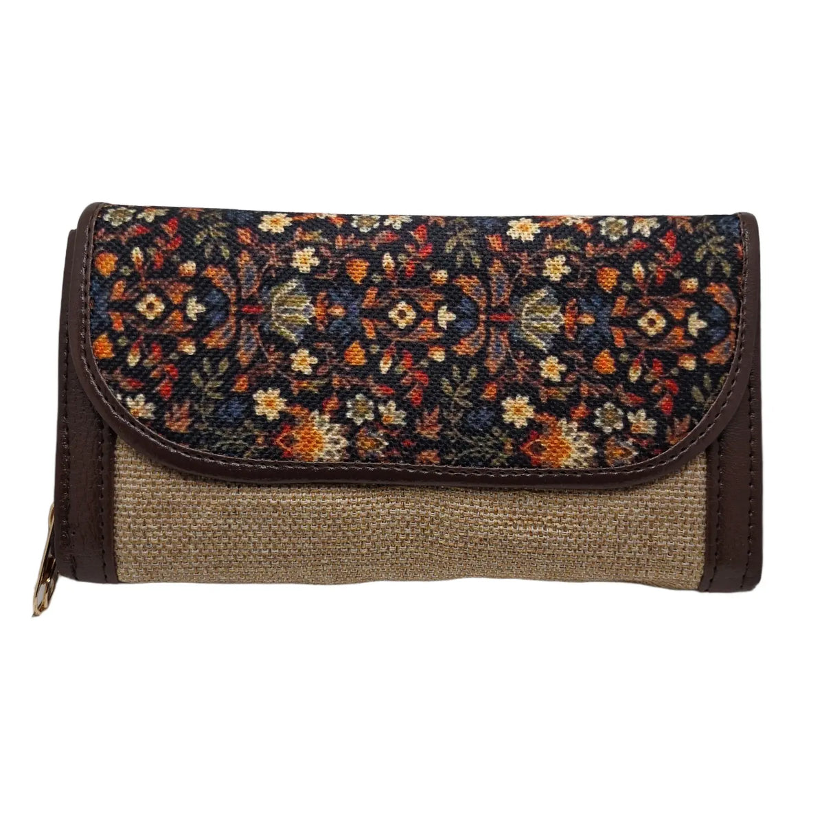 Black floral block print clutch - front view with flap closed