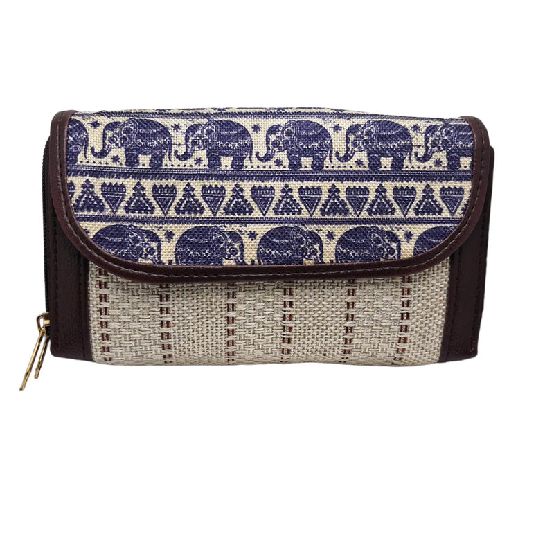 Navy elephant block print clutch - front view with flap closed