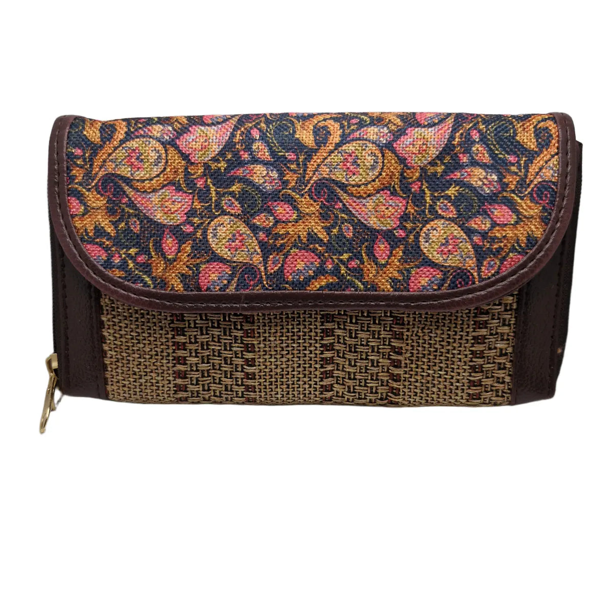 Paisley block print clutch - front view with flap closed