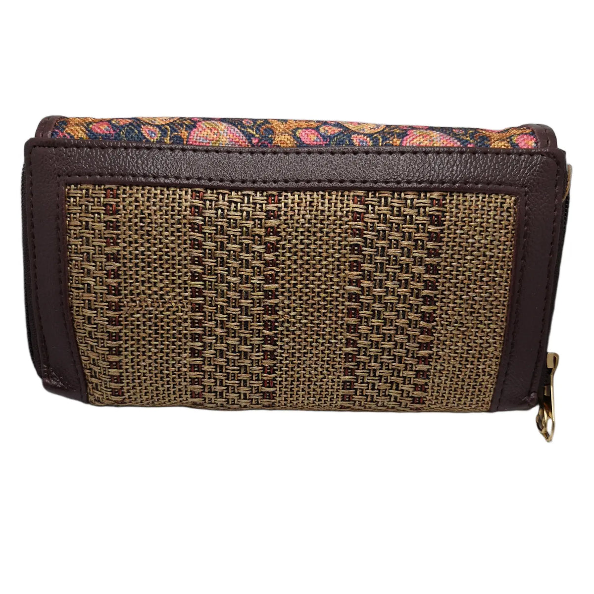 Paisley block print clutch - side profile showing flap and zip gusset