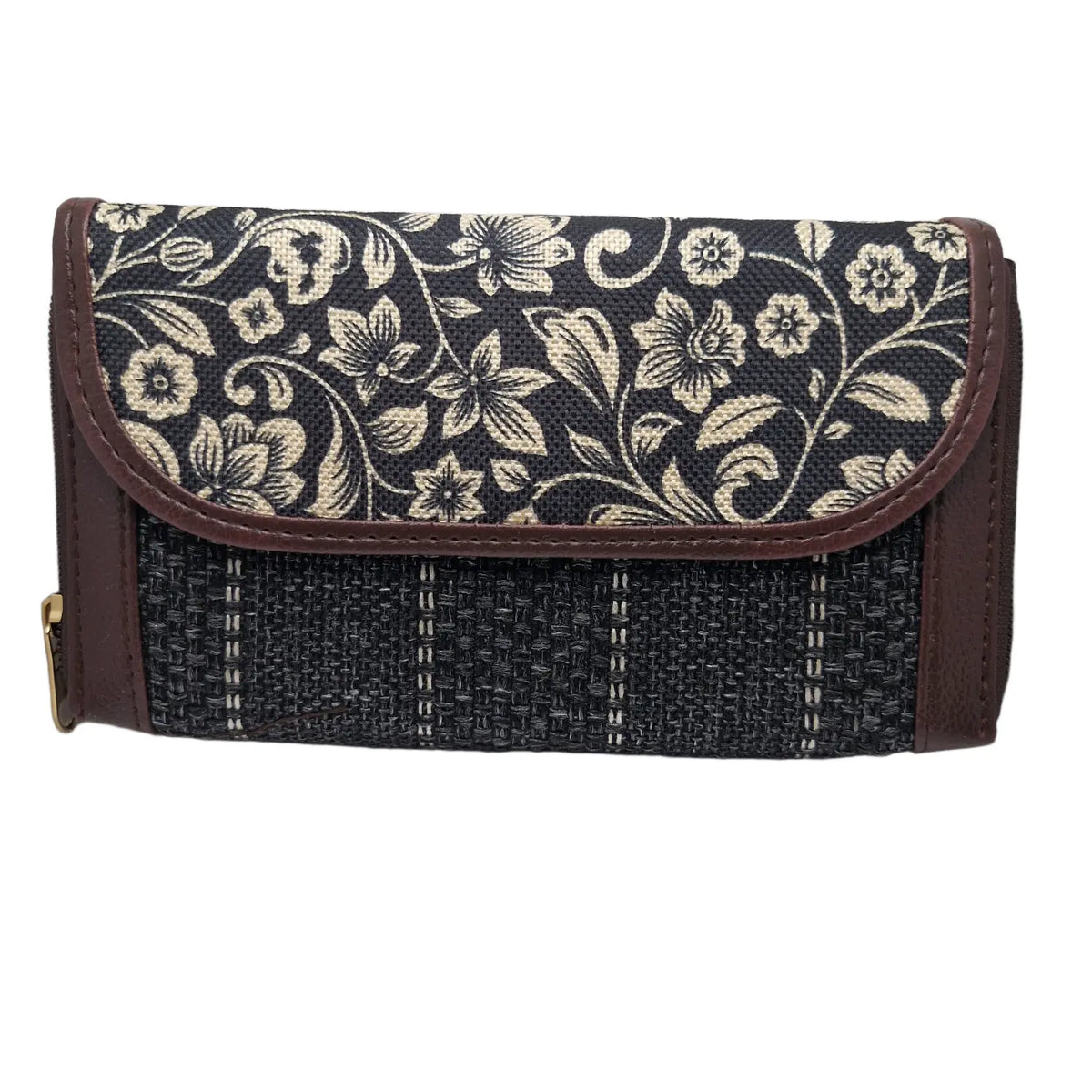 Black and white floral vine block print clutch - front view with flap closed