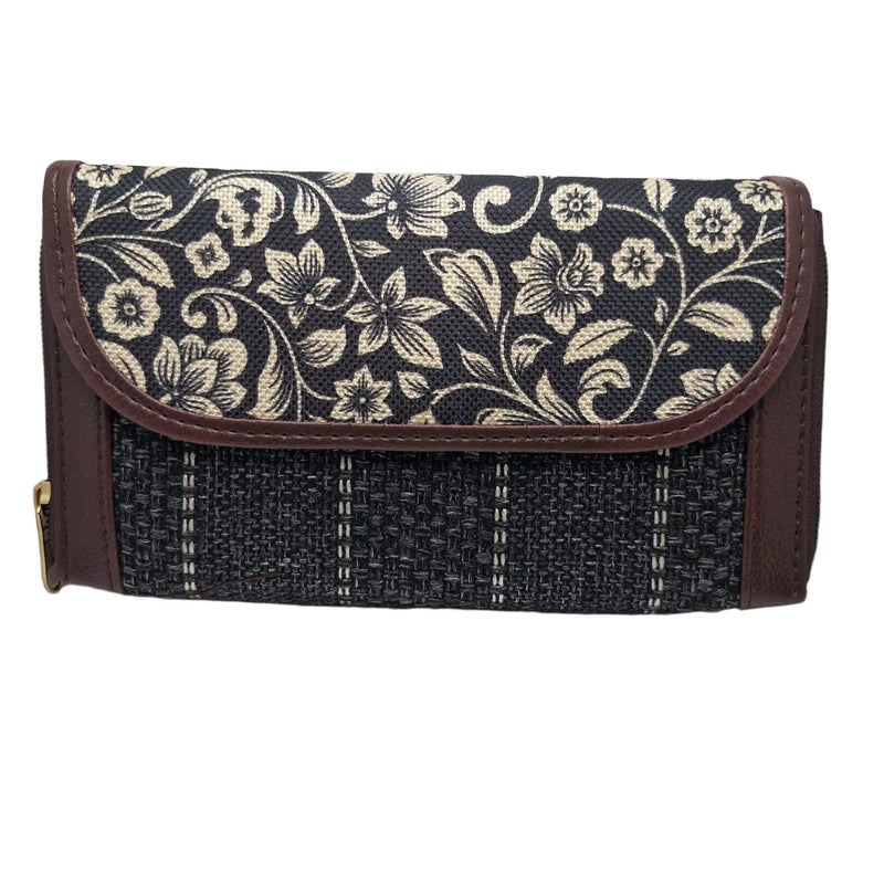 Black and white floral vine block print clutch - front view with flap closed