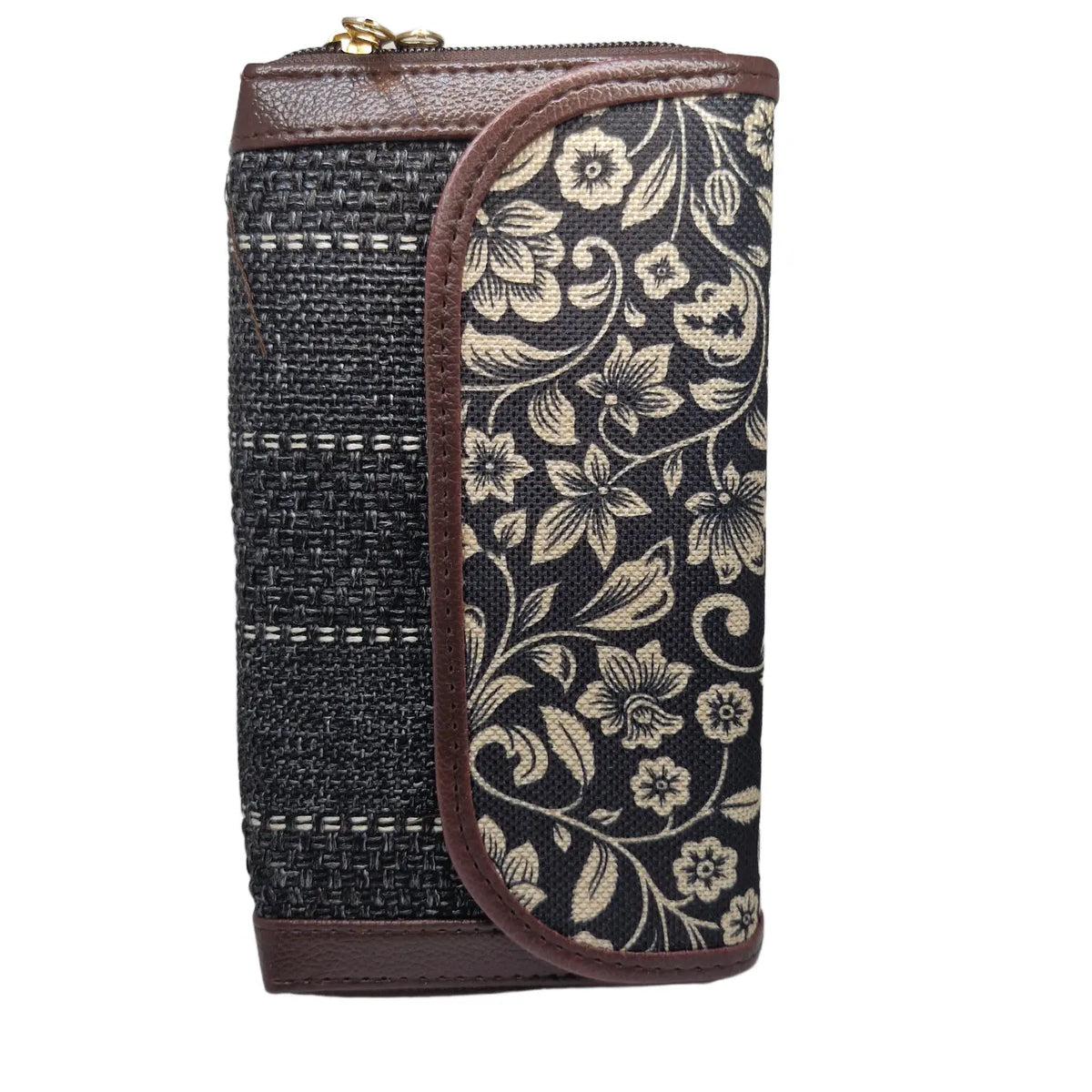 Black and white floral vine block print clutch - back panel