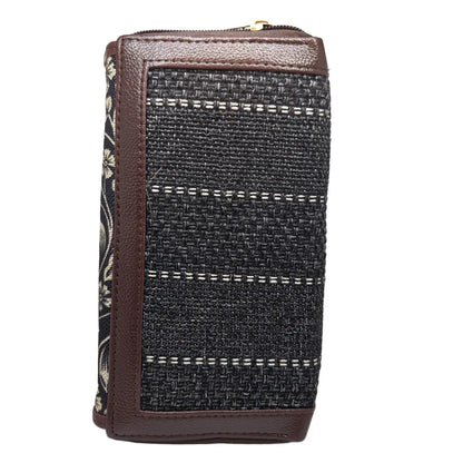 Black and white floral vine block print clutch - side profile showing flap and zip gusset