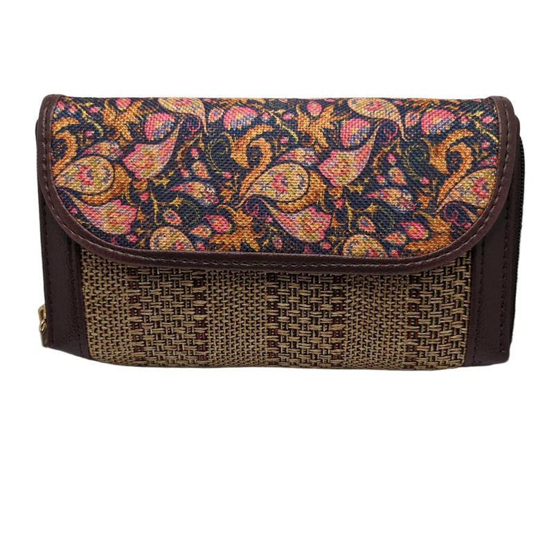 Paisley block print clutch natural weave - front view with flap closed
