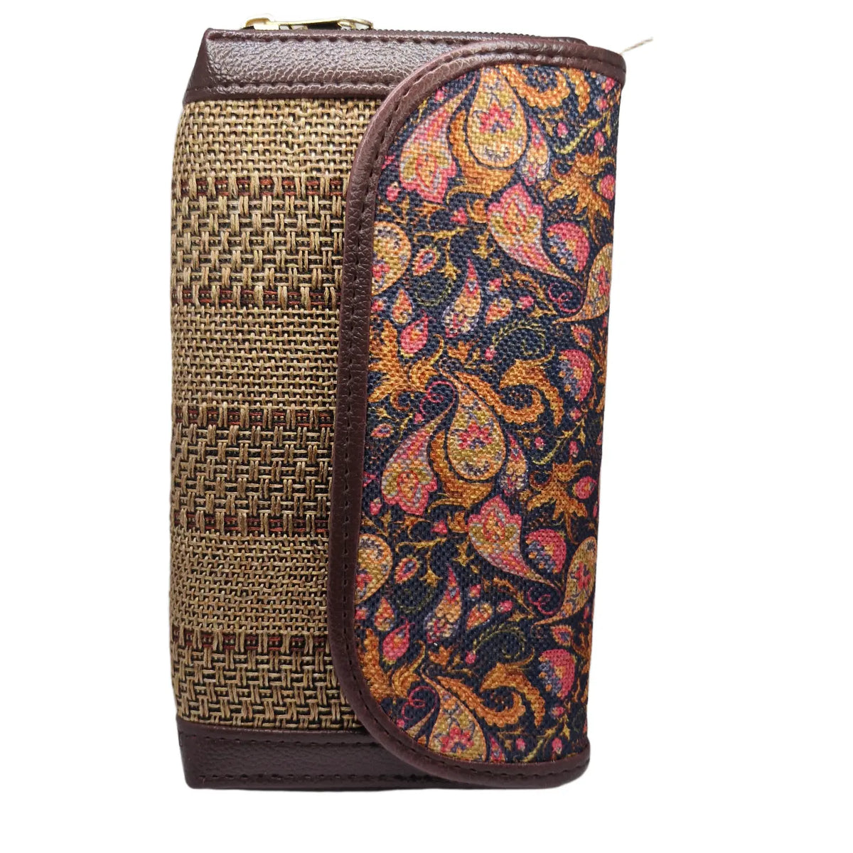 Paisley block print clutch natural weave - opposite side view