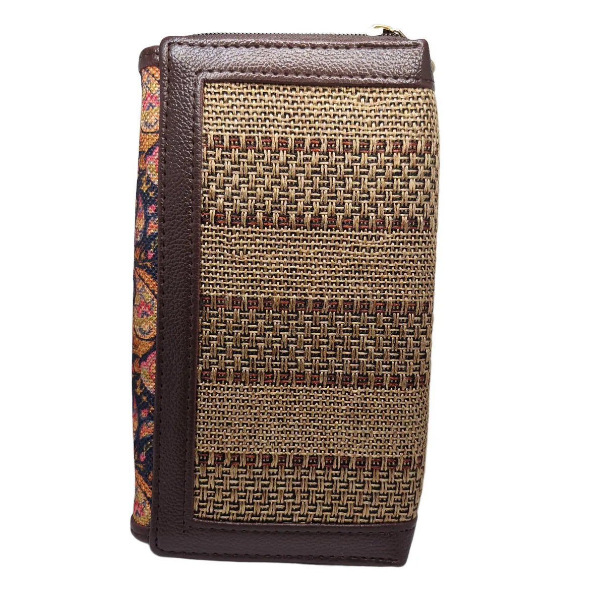 Paisley block print clutch natural weave - woven side panel detail