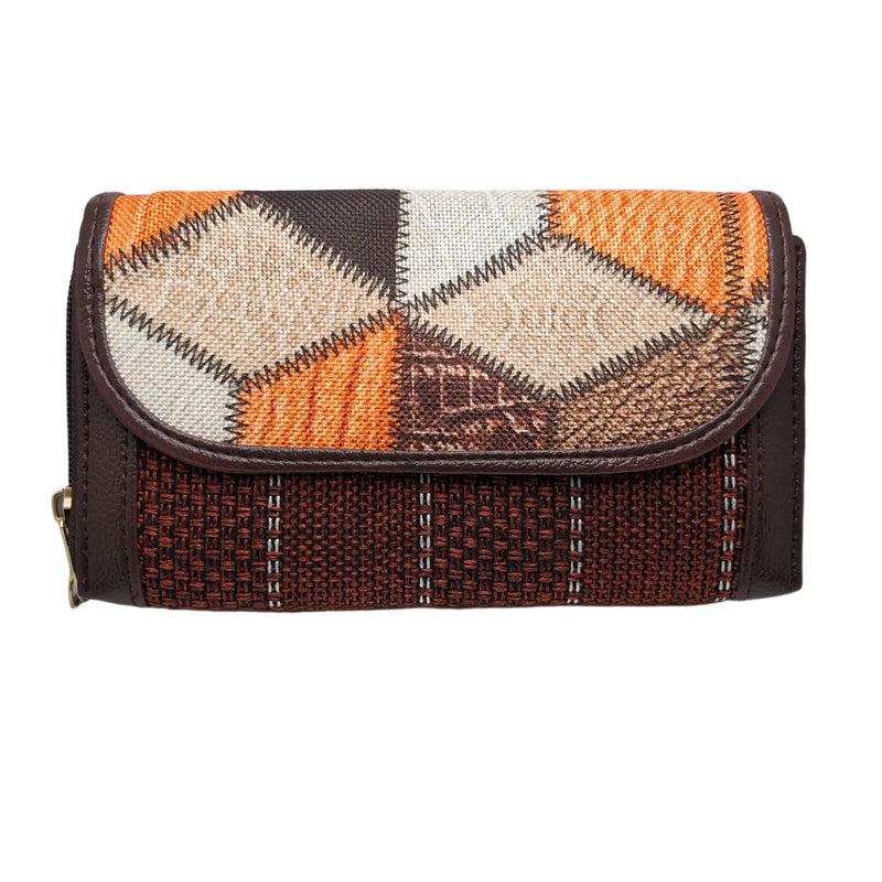 Orange brown geometric patchwork clutch - front view with flap closed