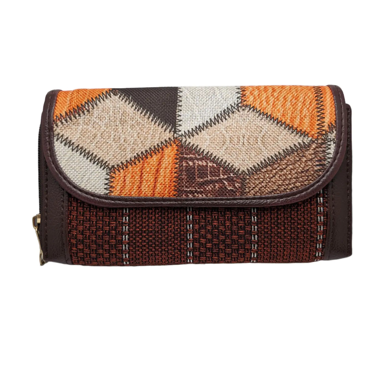 Orange brown geometric patchwork clutch - back panel