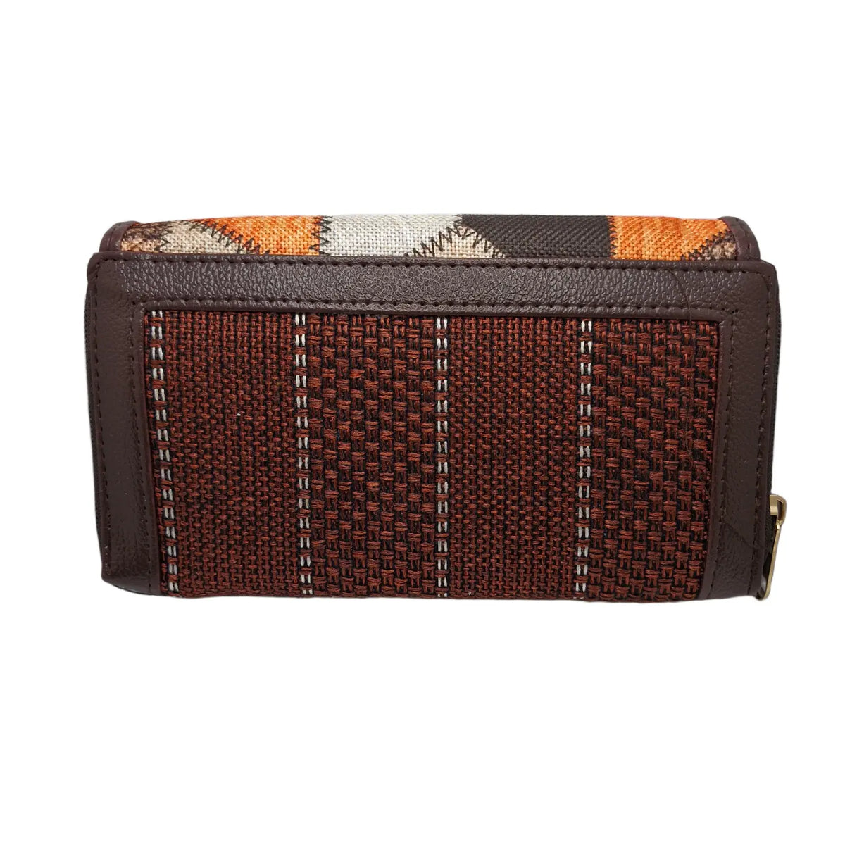 Orange brown geometric patchwork clutch - side profile showing flap and zip gusset