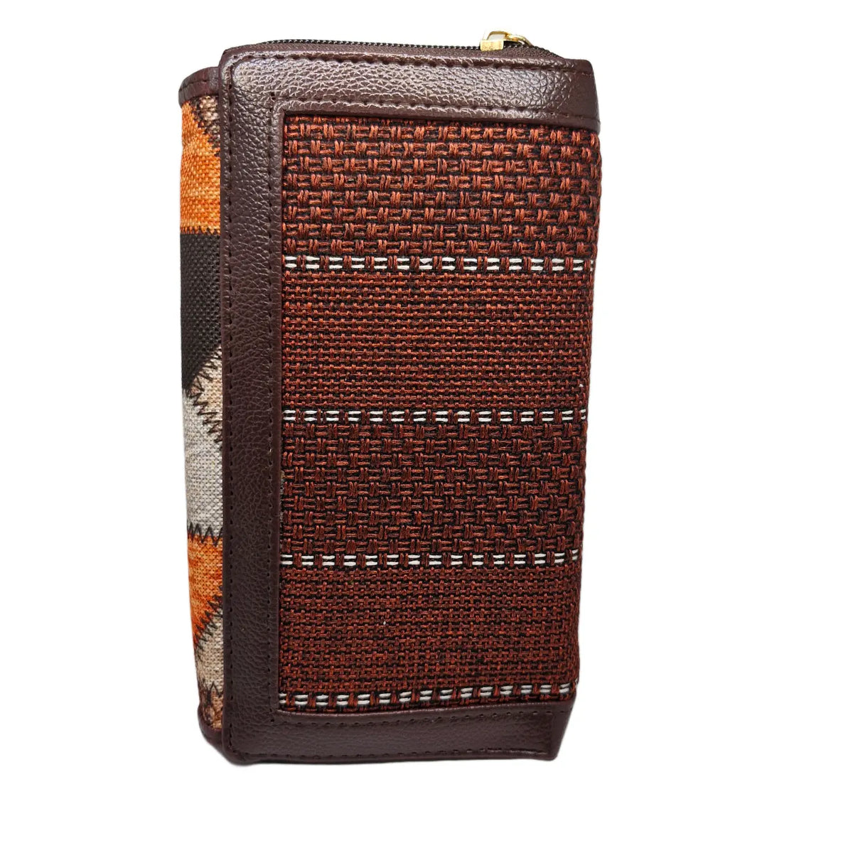 Orange brown geometric patchwork clutch - double zip detail