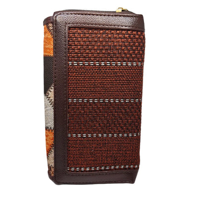 Orange brown geometric patchwork clutch - double zip detail