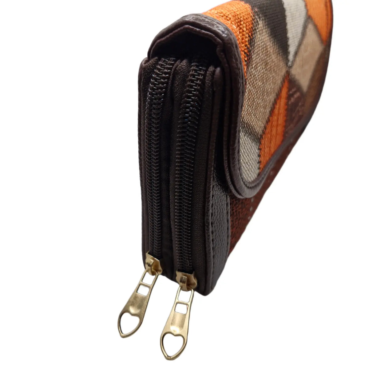 Orange brown geometric patchwork clutch - additional angle