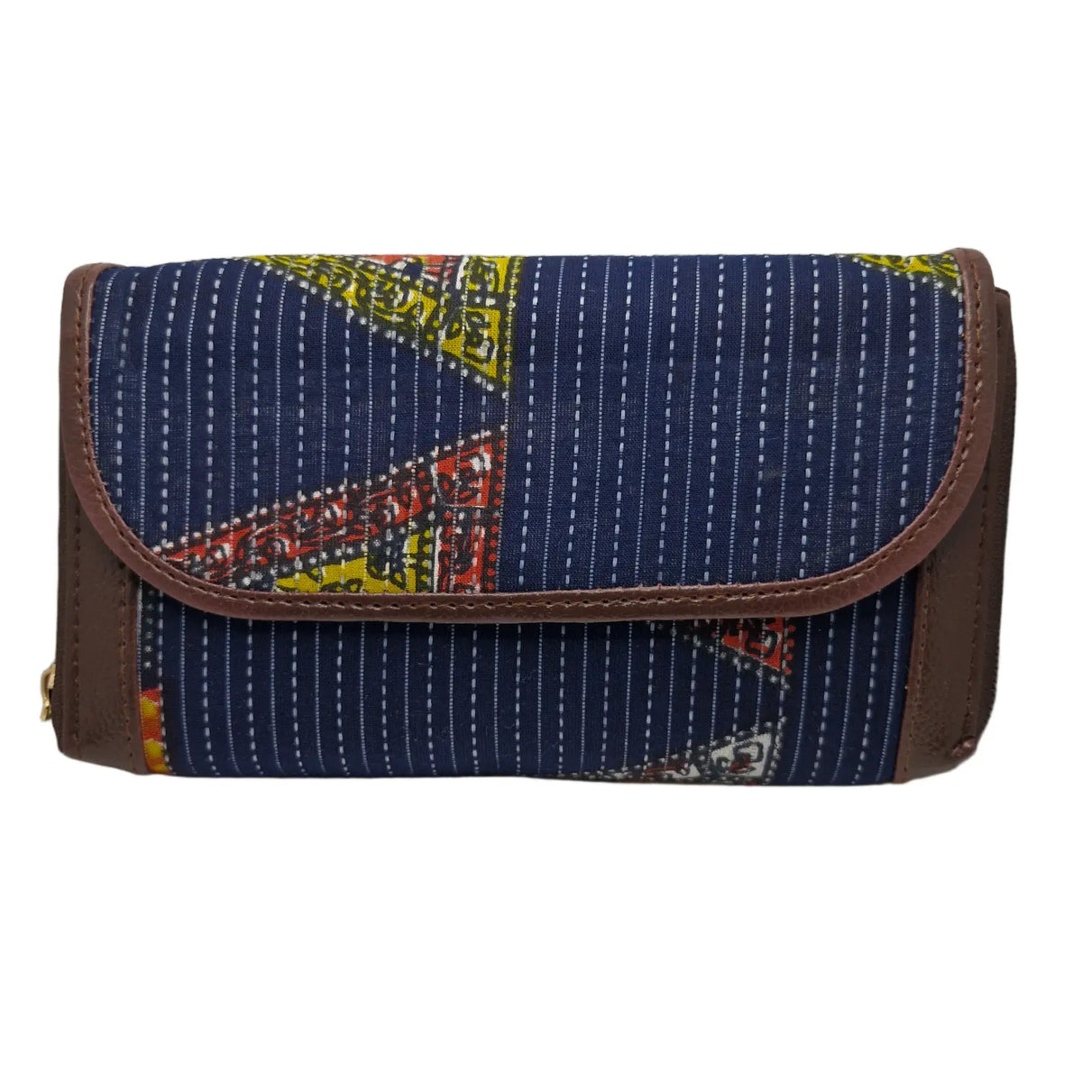 Navy running stitch patchwork clutch - front view with flap closed
