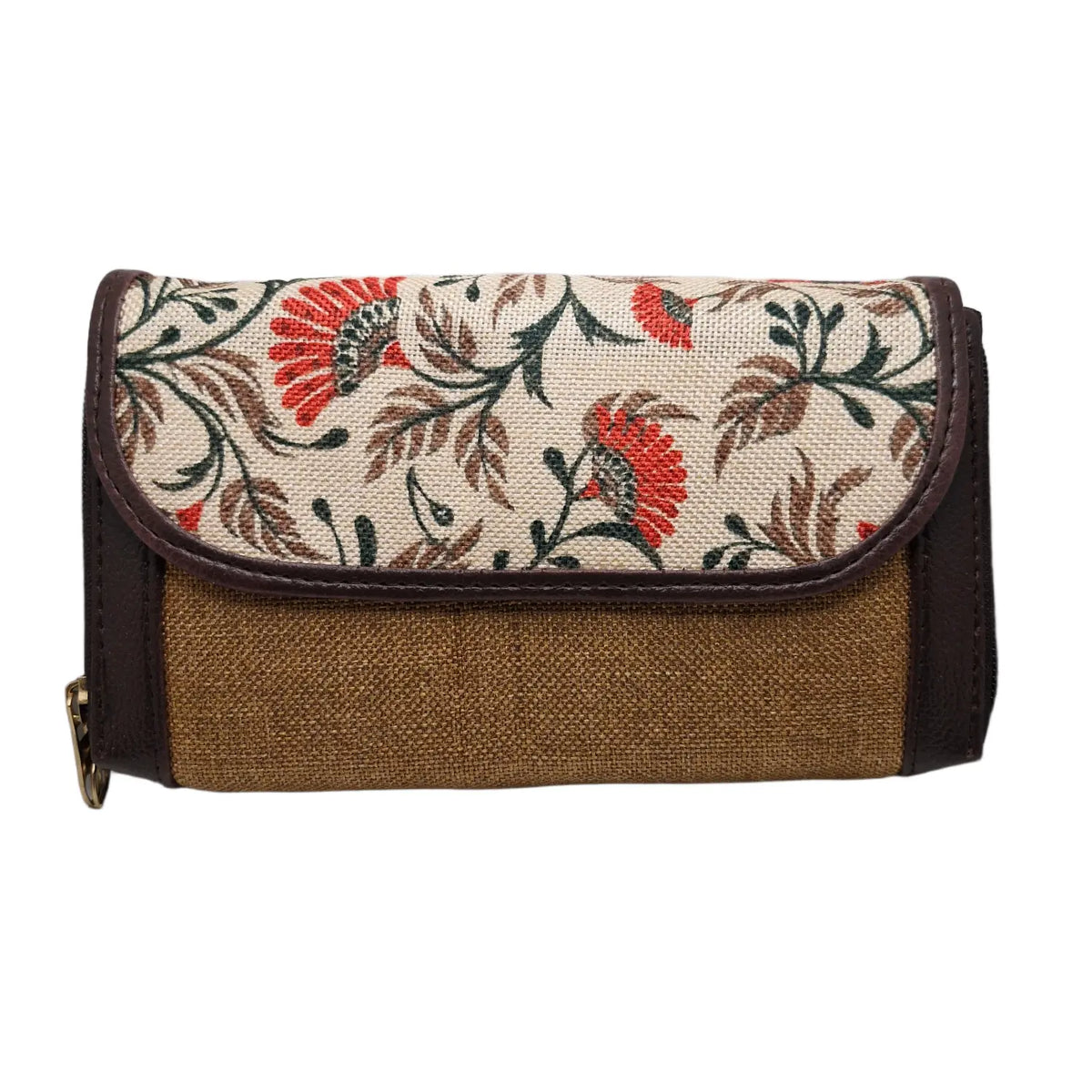 Cream poppy floral block print clutch - front view with flap closed