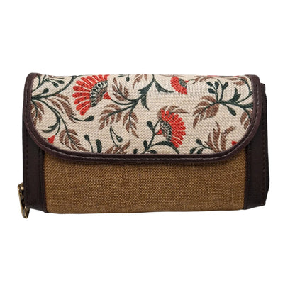 Cream poppy floral block print clutch - front view with flap closed