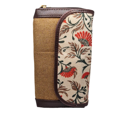 Cream poppy floral block print clutch - side profile showing flap and zip gusset