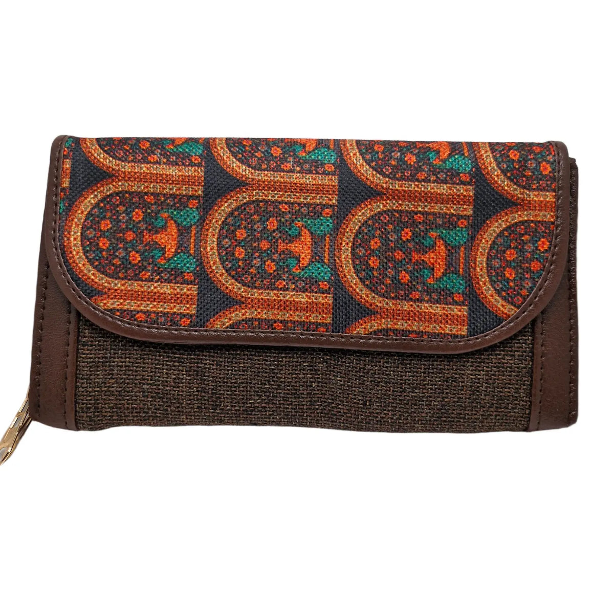 Terracotta arch motif block print clutch - front view with flap closed