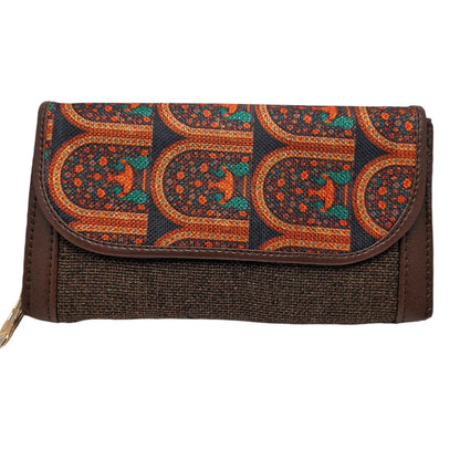 Terracotta arch motif block print clutch - front view with flap closed