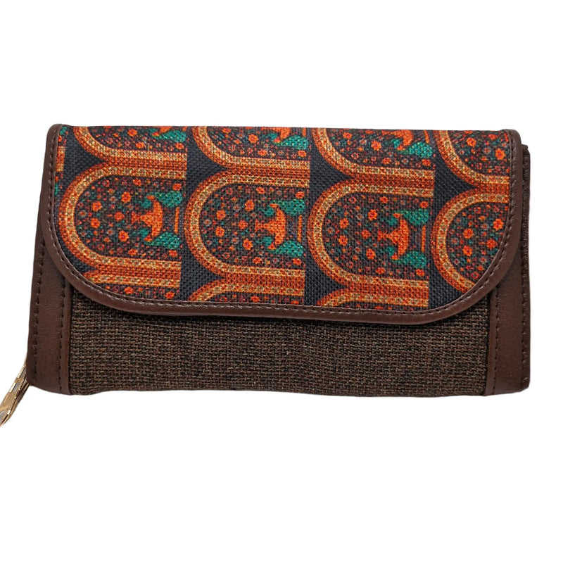 Terracotta arch motif block print clutch - front view with flap closed
