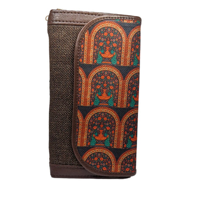 Terracotta arch motif block print clutch - side profile showing flap and zip gusset