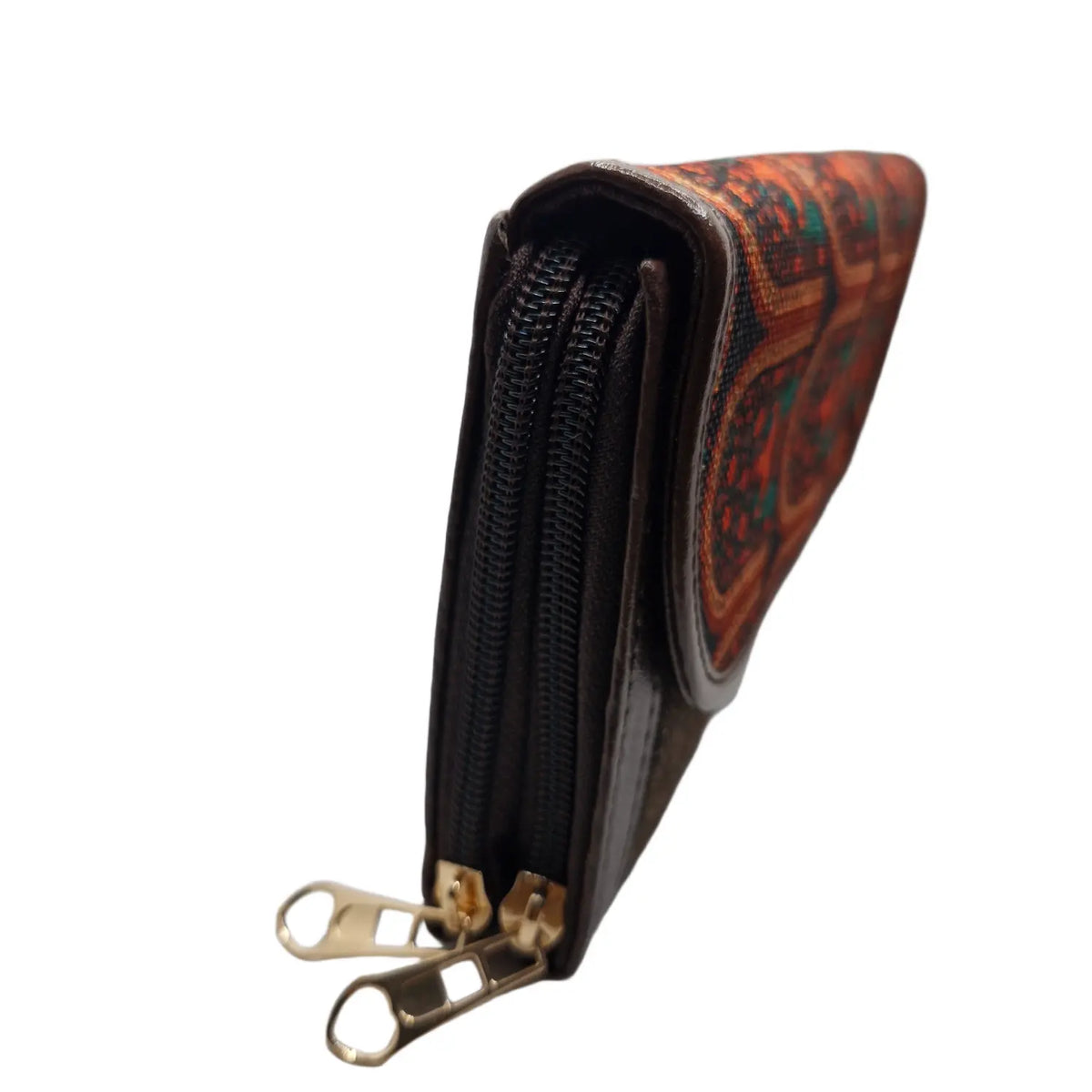 Terracotta arch motif block print clutch - double zip detail