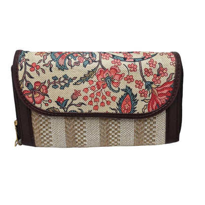 Coral floral vine block print clutch - front view with flap closed