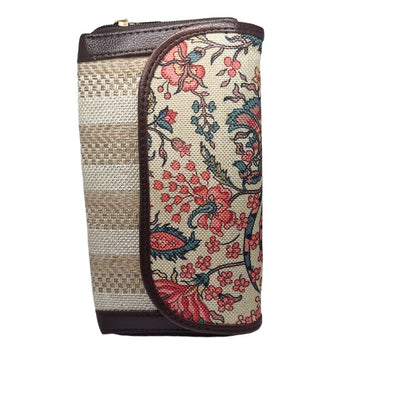 Coral floral vine block print clutch - side profile showing flap and zip gusset