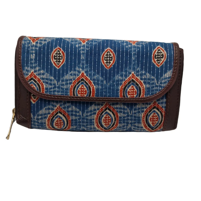 Sky blue almond leaf block print clutch - front view with flap closed