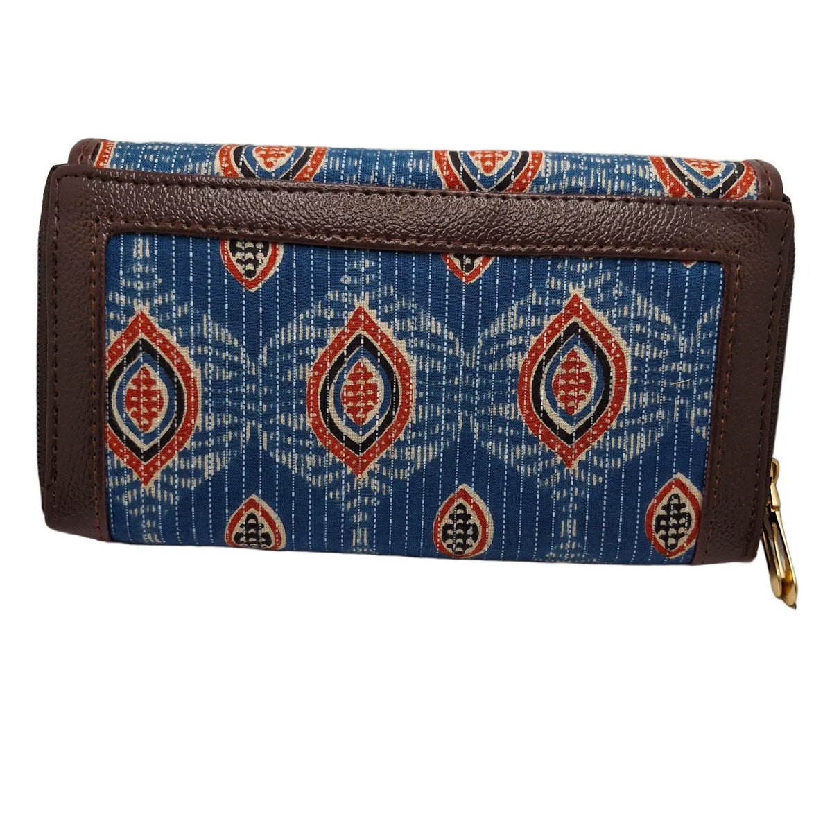 Sky blue almond leaf block print clutch - side profile showing flap and zip gusset