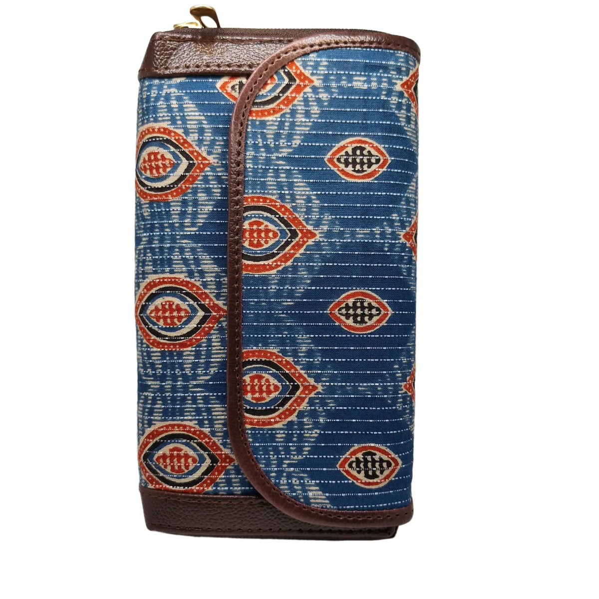 Sky blue almond leaf block print clutch - opposite side view