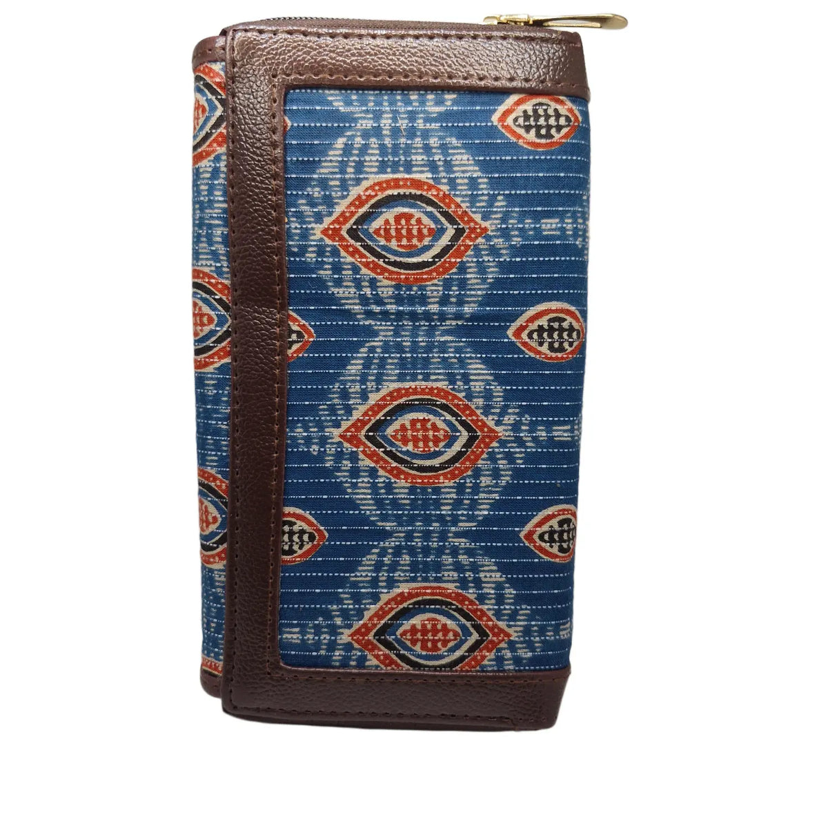 Sky blue almond leaf block print clutch - double zip detail