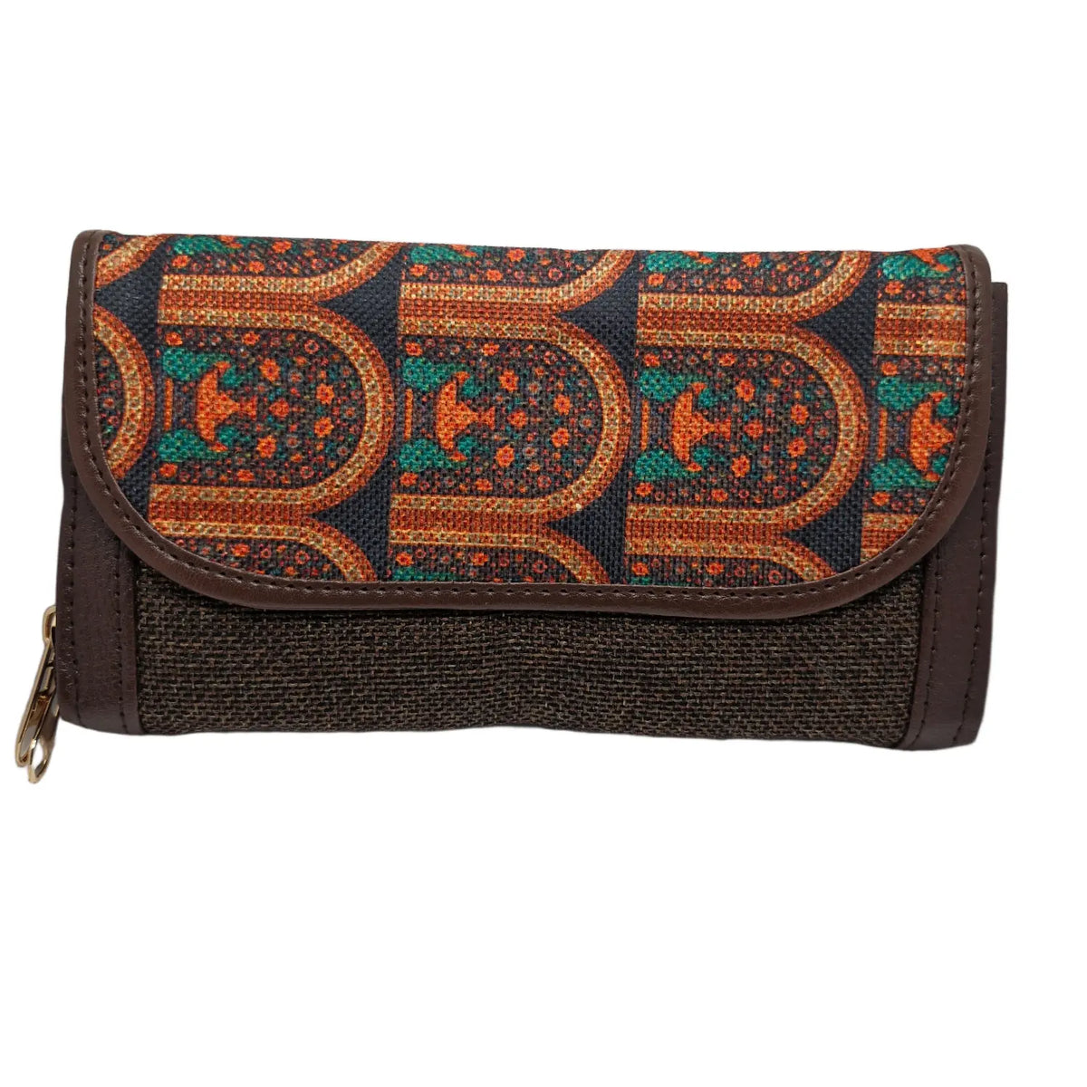 Terracotta arch motif clutch olive panel - front view with flap closed