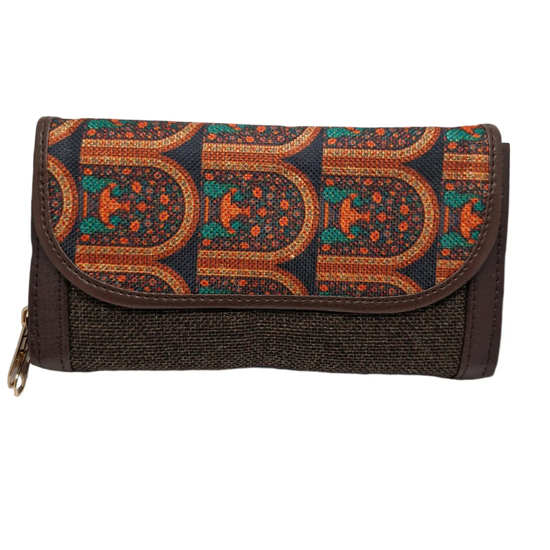 Terracotta arch motif clutch olive panel - front view with flap closed