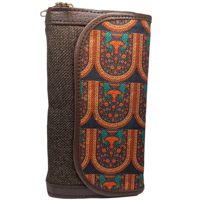 Terracotta arch motif clutch olive panel - side profile showing flap and zip gusset