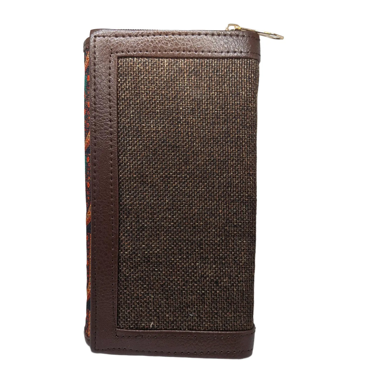 Terracotta arch motif clutch olive panel - double zip detail