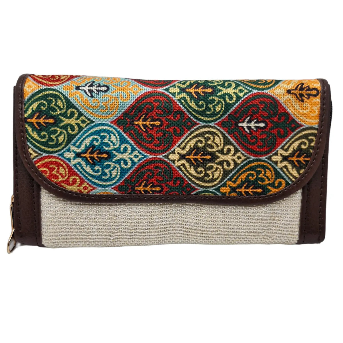 Jewel tone ogee block print clutch - front view with flap closed