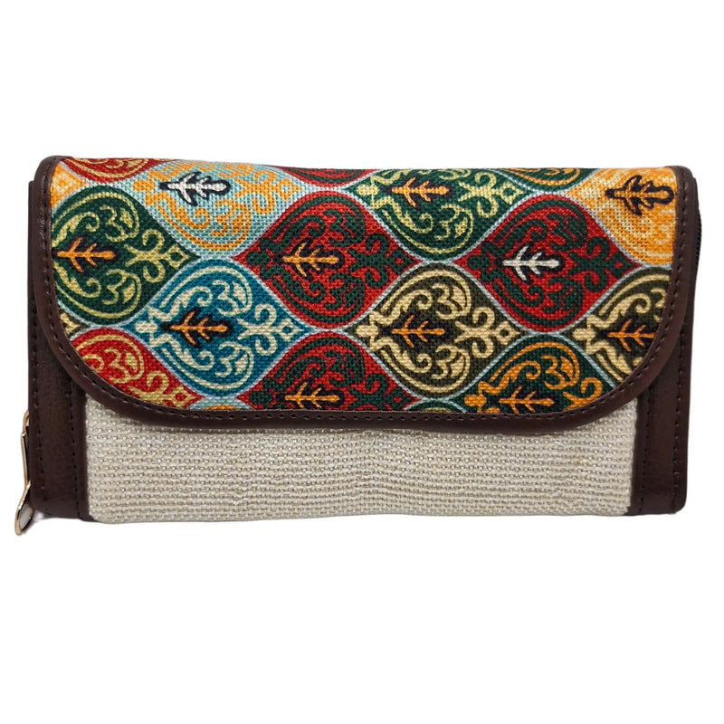 Jewel tone ogee block print clutch - front view with flap closed