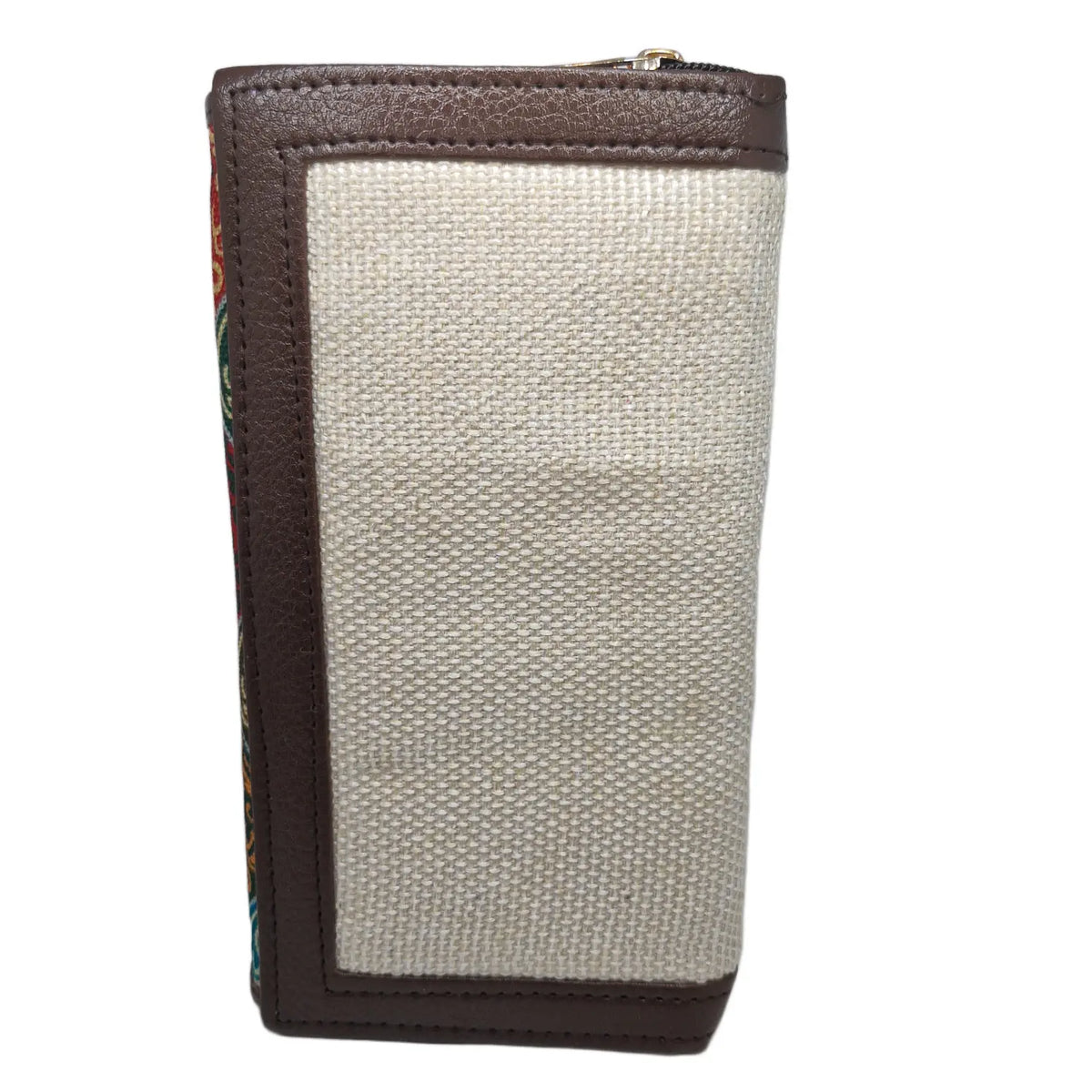 Jewel tone ogee block print clutch - side profile showing flap and zip gusset