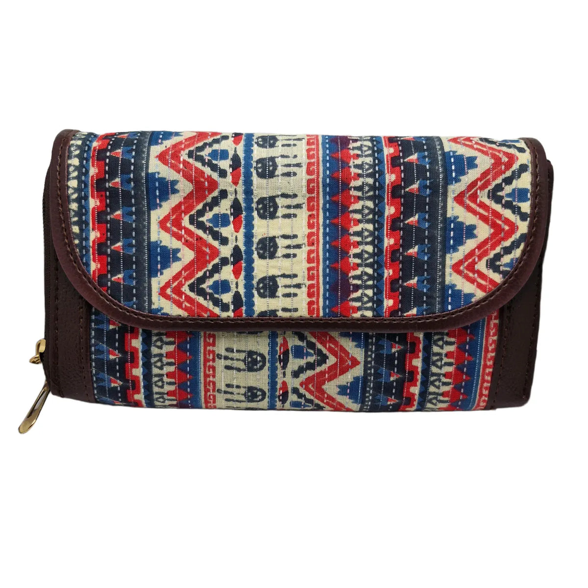 Blue red tribal zigzag block print clutch - front view with flap closed