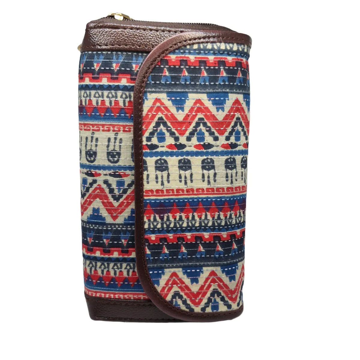 Blue red tribal zigzag block print clutch - side profile showing flap and zip gusset
