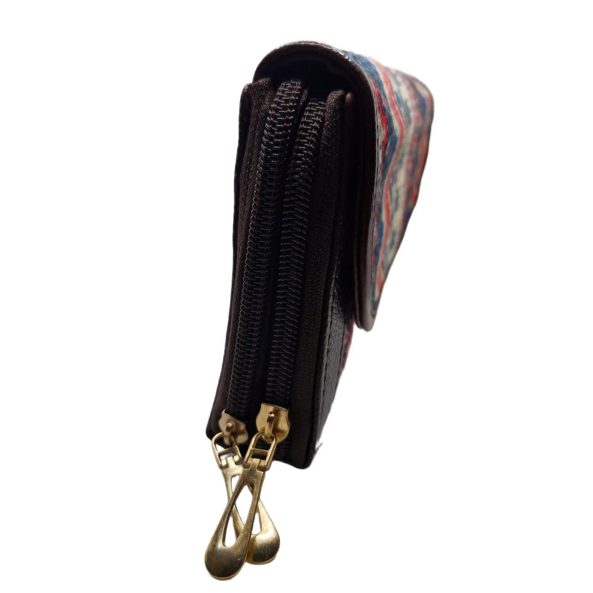 Blue red tribal zigzag block print clutch - double zip detail