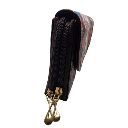 Blue red tribal zigzag block print clutch - double zip detail